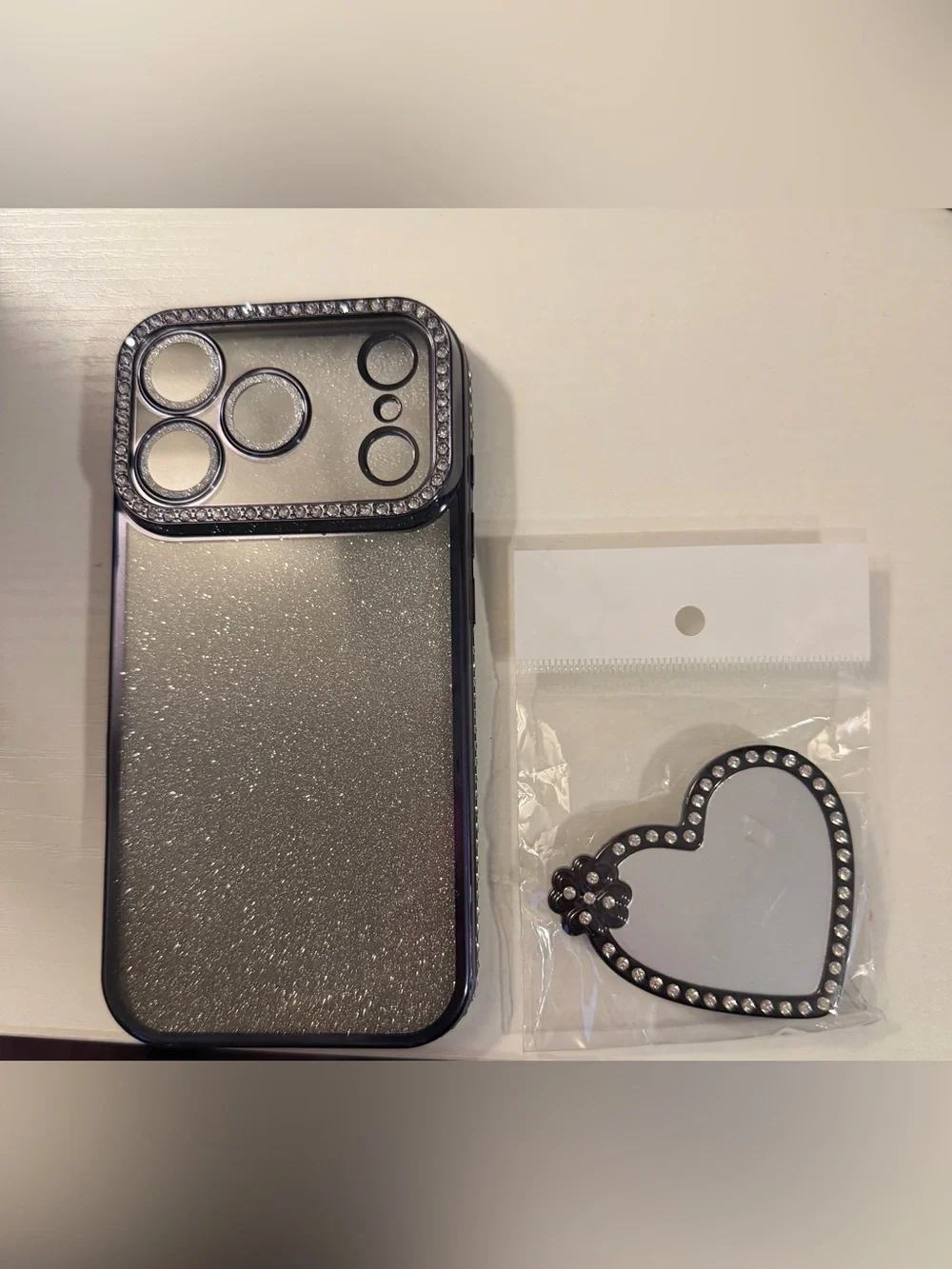 Sparkle Protective Phone Case with Rhinestone Camera Frame - Silver